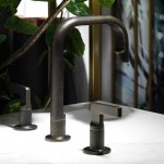 Wash basin tap Deck-mounted dual-level L size material: Brass Without waste Aged Bronze, color: Bronze surface: Brushed Deck-mounted Wash basin tap Deck-mounted dual-level L size material: Brass Without waste Aged Bronze, color: Bronze surface: Brushed Deck-mounted