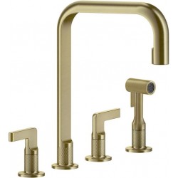 Kitchen tap Deck-mounted material: Brass with shower Brass Brushed PVD, color: Gold surface: Brushed Deck-mounted
