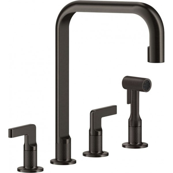 Μπαταρία κουζίνας επικαθήμενη από ορείχαλκο με ντους 4 οπών, Black Metal Brushed PVD, χρώμα: Μαύρο επιφάνεια: Βουρτσισμένη Επικαθήμενες