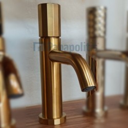 Μπαταρία νιπτήρος επικαθήμενη αναμεικτική από ορείχαλκο με βαλβίδα push-open  χαμηλή με λαβή V, XS-Size, Brushed Gold, χρώμα: Χρυσό επιφάνεια: Βουρτσισμένη Επικαθήμενες