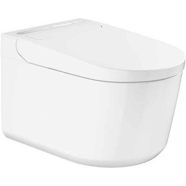 Wall-mounted toilet with shower & toilet seat, style: Wrapover smart toilet 61x38,7 surface: Glossy, color: White Wall-mounted shower-toilets
