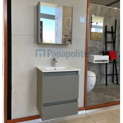 Έπιπλο μπάνιου κομπλέ με νιπτήρα, 50x40x60 από MDF PET επίτοιχου τύπου με 2 συρτάρια & καθρέφτη ντουλάπι 60x70cm, lacato light grey, χρώμα: Γκρι Έπιπλα μπάνιου κομπλέ