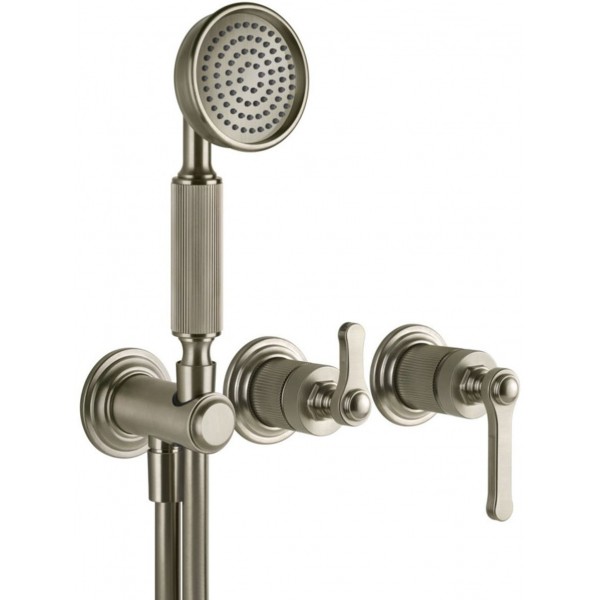 Shower tap Wall-mounted external part 2 way 3 holes material: Brass mixer with hand shower, hose and holder Finox Brushed Nickel, color: Chrome surface: Brushed Wall-mounted - external part