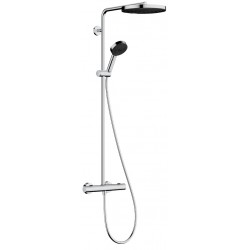 Shower tap with showerpipe and overhead shower Wall-mounted material: Brass thermostatic, color: Chrome surface: Glossy Wall-mounted exposed with showerpipe and overhead shower