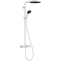 Shower tap with showerpipe and overhead shower Wall-mounted material: Brass thermostatic, color: White surface: Matt Wall-mounted exposed with showerpipe and overhead shower