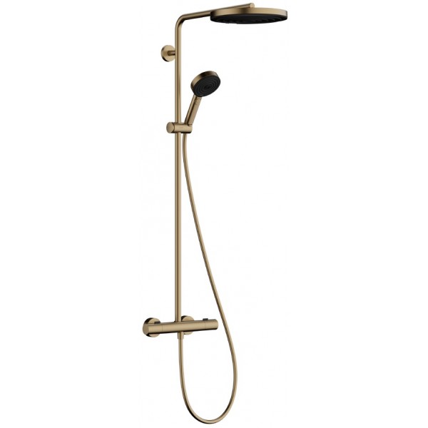 Shower tap with showerpipe and overhead shower Wall-mounted material: Brass thermostatic, color: Bronze surface: Brushed Wall-mounted exposed with showerpipe and overhead shower Shower tap with showerpipe and overhead shower Wall-mounted material: Brass thermostatic, color: Bronze surface: Brushed Wall-mounted exposed with showerpipe and overhead shower
