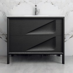 Βάση επίπλου με νιπτήρα 100x46x85 από MDF PET επιδαπέδιου τύπου με 1 νιπτήρα πορσελάνης, 2 συρτάρια βαρέως τύπου soft close, slim fit, Lacato Grey, χρώμα: Wenge Βάσεις επίπλου με νιπτήρα