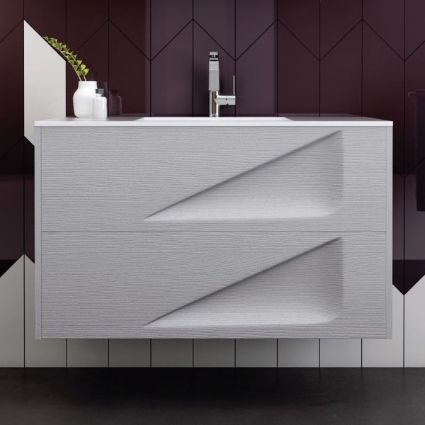 Βάση επίπλου με νιπτήρα 100x46x85 από MDF PET επίτοιχου τύπου με 1 νιπτήρα solid, 2 συρτάρια βαρέως τύπου soft close, slim fit, Lacato Light Grey, χρώμα: Ξύλο Γκρι Βάσεις επίπλου με νιπτήρα