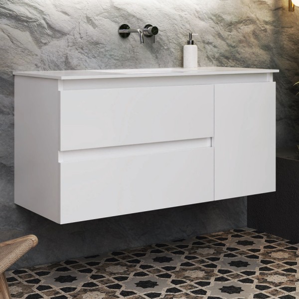 Furniture base with washbasin 120x46x60 material: MDF PET 1 basin wall mounted, color: White Cabinets with wash basin