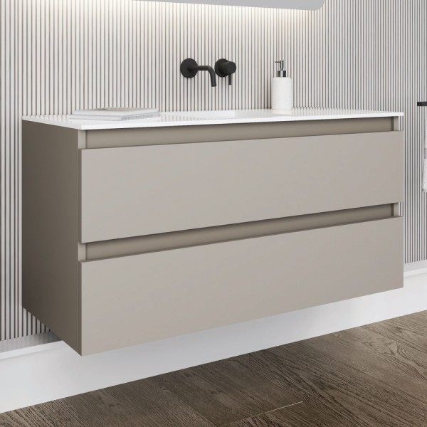 Furniture base with washbasin 120x46x60 material: MDF PET 1 basin wall mounted, color: Beige Cabinets with wash basin Furniture base with washbasin 120x46x60 material: MDF PET 1 basin wall mounted, color: Beige Cabinets with wash basin