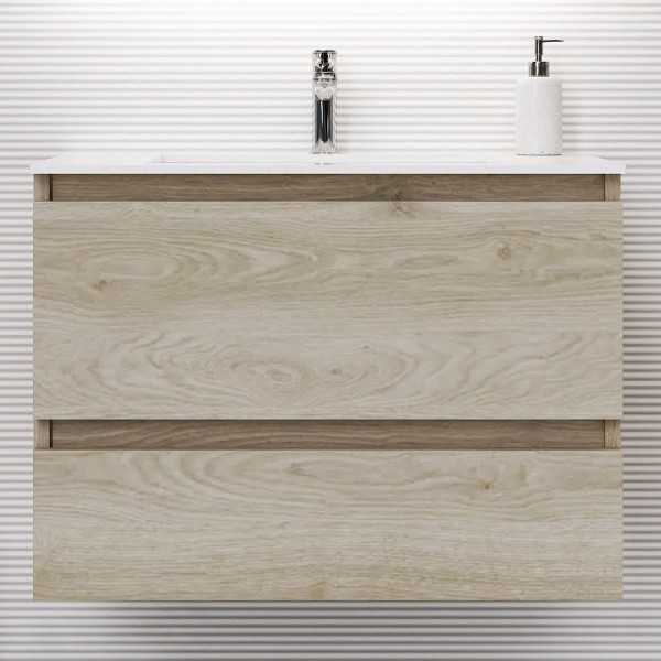 Βάση επίπλου με νιπτήρα 80x46x60 από ξύλο συνθετικό επίτοιχου τύπου με 1 νιπτήρα Solid, με 1 πόρτα με ανάκλιση & 1 συρτάρι, Oak, χρώμα: Ξύλο Δρυς Βάσεις επίπλου με νιπτήρα