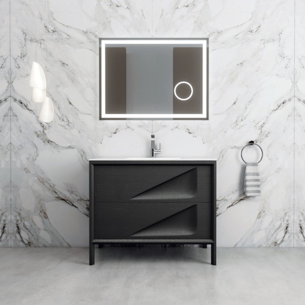 Έπιπλο μπάνιου κομπλέ με νιπτήρα, 100x46x60 από MDF PET επιδαπέδιου τύπου με νιπτήρα πορσελάνης & καθρέφτη με φωτισμό, Lacato Grey, χρώμα: Wenge Έπιπλα μπάνιου κομπλέ