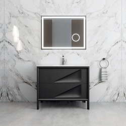 Έπιπλο μπάνιου κομπλέ με νιπτήρα, 100x46x60 από MDF PET επίτοιχου τύπου με νιπτήρα solid surface & καθρέφτη με φωτισμό LED, Lacato Grey, χρώμα: Γκρι Έπιπλα μπάνιου κομπλέ