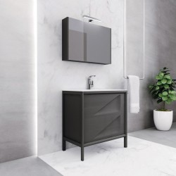 Έπιπλο μπάνιου κομπλέ με νιπτήρα, 80x46x60 από MDF PET επιδαπέδιου τύπου με νιπτήρα solid surface & καθρέφτη με ντουλάπι, Lacato Grey, χρώμα: Γκρι Σκούρο Έπιπλα μπάνιου κομπλέ