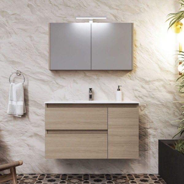 Έπιπλο μπάνιου κομπλέ με νιπτήρα, 100x46x60 από MDF PET επίτοιχου τύπου με νιπτήρα πορσελάνης & καθρέφτη με ντουλάπι, Lacato Brown - λάθος χρώμα, χρώμα: Ξύλο Δρυς Έπιπλα μπάνιου κομπλέ