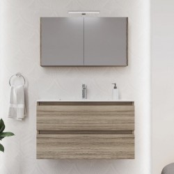 Έπιπλο μπάνιου κομπλέ με νιπτήρα, 100x46x60 από MDF PET επίτοιχου τύπου με νιπτήρα πορσελάνης, με καθρέφτη ντουλάπι, Elia, χρώμα: Μπεζ Έπιπλα μπάνιου κομπλέ