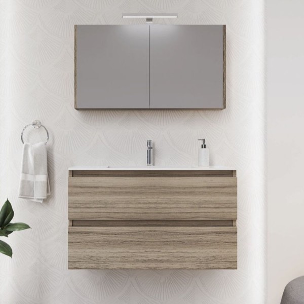 Bathroom furniture set with washbasin 100x46x60 material: Wood composite wall mounted, color: Wood Oak Bathroom furniture sets Bathroom furniture set with washbasin 100x46x60 material: Wood composite wall mounted, color: Wood Oak Bathroom furniture sets
