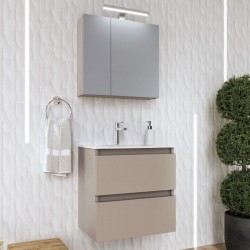 Έπιπλο μπάνιου κομπλέ με νιπτήρα, 60x46x60 από MDF PET επίτοιχου τύπου με νιπτήρα πορσελάνης & καθρέφτη με ντουλάπι, Lacato Moca, χρώμα: Μπεζ Έπιπλα μπάνιου κομπλέ