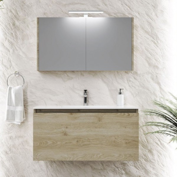 Bathroom furniture set with washbasin 100x46x50 material: Wood composite wall mounted, color: Wood Oak Bathroom furniture sets
