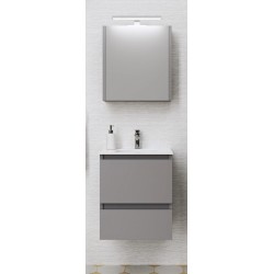 Έπιπλο μπάνιου κομπλέ με νιπτήρα, 50x46x60 από MDF PET επίτοιχου τύπου με νιπτήρα πορσελάνης & καθρέφτη με ντουλάπι, Lacato Light Grey, χρώμα: Γκρι Έπιπλα μπάνιου κομπλέ