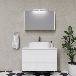 Έπιπλο μπάνιου κομπλέ χωρίς νιπτήρα, 90x46x60 από MDF PET επίτοιχου τύπου με πάγκο Solid & καθρέφτη με ντουλάπι, Lacato white, χρώμα: Λευκό Έπιπλα μπάνιου κομπλέ