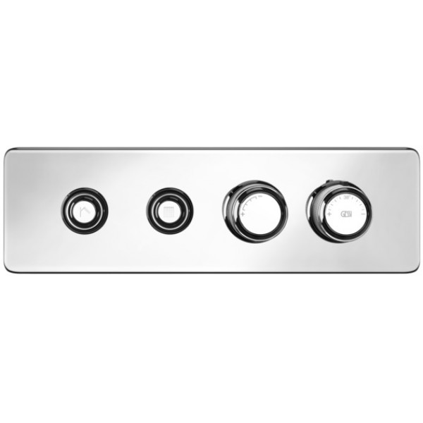 Shower tap Wall-mounted external part 2 way material: Brass thermostatic With plate with separate exits without hand shower, hose and holder push button on/off control, color: Chrome surface: Glossy Wall-mounted - external part