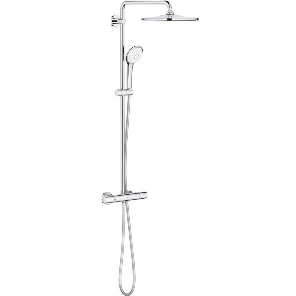 Shower tap with showerpipe and overhead shower Wall-mounted material: Brass thermostatic, color: Chrome surface: Glossy Wall-mounted exposed with showerpipe and overhead shower