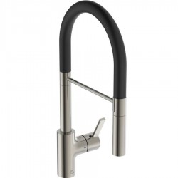 Kitchen tap Deck-mounted material: Brass with shower, color: Chrome/Black surface: Brushed Deck-mounted