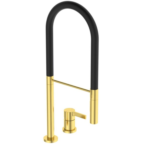 Μπαταρία κουζίνας επικαθήμενη από ορείχαλκο με ντους 2 οπών, Brushed Gold, χρώμα: Χρυσό επιφάνεια: Βουρτσισμένη Επικαθήμενες