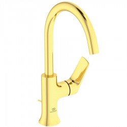 Wash basin tap Deck-mounted L size material: Brass mixer With pop-up waste set, color: Gold surface: Brushed Deck-mounted