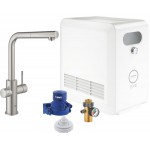 Μπαταρία κουζίνας επικαθήμενη από ορείχαλκο με ντους με φίλτρο νερού L-spout, με starter kit & φίλτρο νερού S-Size, νερό 3 τύπων, ανθρακούχο & ψύκτη, Supersteel, χρώμα: Χρωμέ επιφάνεια: Βουρτσισμένη Επικαθήμενες