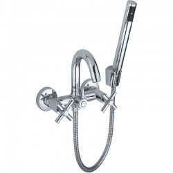 Bathtub tap Wall-mounted exposed material: Brass with hand shower, hose and holder dual-level mixer, color: Chrome surface: Glossy Wall-mouned exposed
