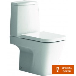 Floor standing close-coupled toilet & flushing cistern & toilet seat soft closing, style: Wrapover horizontal outlet p Simple with rim 66x36,5 surface: Glossy, color: White Floor standing close-coupled