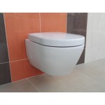Wall-mounted toilet & toilet seat soft closing, style: Wrapover hidden fixation Self-Cleaning / with rim Ceramic plus 56,5x37,5 surface: Glossy, color: White Wall-mounted