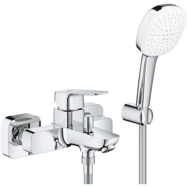 Bathtub tap Wall-mounted exposed material: Brass with hand shower, hose and holder mixer, color: Chrome surface: Glossy Wall-mouned exposed