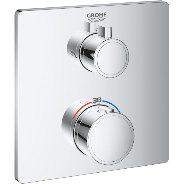 Shower tap Wall-mounted external part 2 way material: Brass thermostatic With plate without hand shower, hose and holder, color: Chrome surface: Glossy Wall-mounted - external part