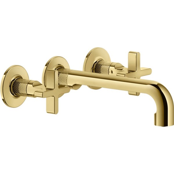 Wash basin tap Wall-mounted - external part 3 holes dual-level Without waste, color: Gold material: Brass surface: Glossy Wall-mounted - external part