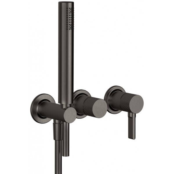 Shower tap Wall-mounted external part 2 way 3 holes material: Brass mixer with hand shower, hose and holder, color: Black surface: Brushed Wall-mounted - external part Shower tap Wall-mounted external part 2 way 3 holes material: Brass mixer with hand shower, hose and holder, color: Black surface: Brushed Wall-mounted - external part