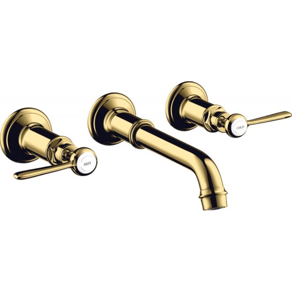 Wash basin tap Wall-mounted - external part 3 holes dual-level With non-closing waste set, color: Gold 165 - 225 mm material: Brass surface: Glossy Wall-mounted - external part