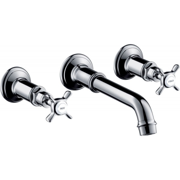Wash basin tap Wall-mounted - external part 3 holes dual-level With non-closing waste set, color: Chrome 165 - 225 mm material: Brass surface: Glossy Wall-mounted - external part