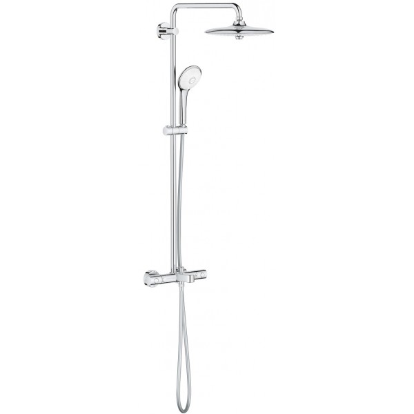 Bathtub tap with showerpipe and overhead shower Wall-mounted material: Brass thermostatic, color: Chrome surface: Glossy Wall-mounted exposed with showerpipe and overhead shower
