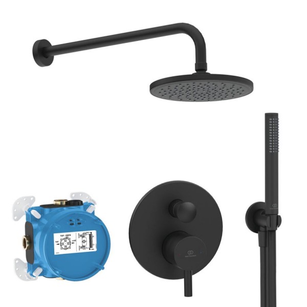 Μπαταρία ντουζιέρας και κεφαλή ντους εντοιχιζόμενη 2 εξόδων αναμεικτική από ορείχαλκο Φ20cm 1 ροής με τηλέφωνο stick, σπιράλ 1,75m & στήριγμα, Silk Black, χρώμα: Μαύρο επιφάνεια: Ματ Εντοιχιζόμενες με κεφαλή