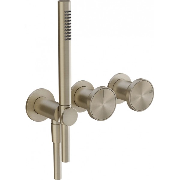 Shower tap Wall-mounted external part 2 way 3 holes material: Brass mixer with hand shower, hose and holder, color: Chrome surface: Brushed Wall-mounted - external part