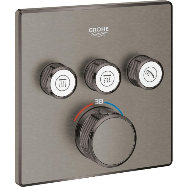 Shower tap Wall-mounted external part 3 way material: Brass thermostatic With plate with separate exits without hand shower, hose and holder, color: Grey surface: Brushed Wall-mounted - external part