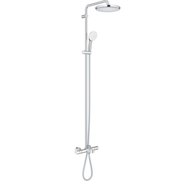 Bathtub tap with showerpipe and overhead shower Wall-mounted material: Brass thermostatic, color: Chrome surface: Glossy Wall-mounted exposed with showerpipe and overhead shower Bathtub tap with showerpipe and overhead shower Wall-mounted material: Brass thermostatic, color: Chrome surface: Glossy Wall-mounted exposed with showerpipe and overhead shower