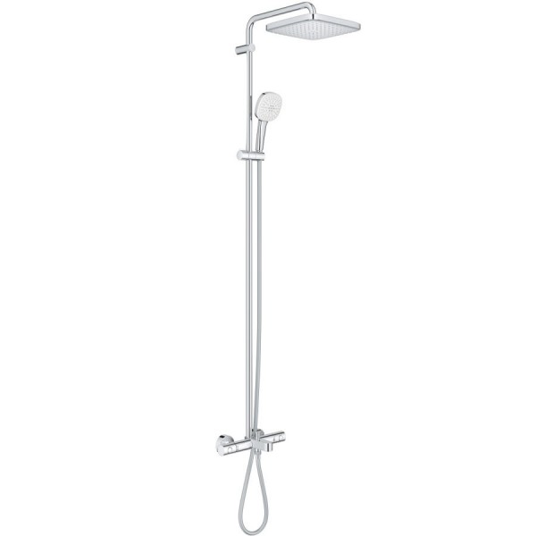 Bathtub tap with showerpipe and overhead shower Wall-mounted material: Brass thermostatic, color: Chrome surface: Glossy Bathtub tap with showerpipe and overhead shower Wall-mounted material: Brass thermostatic, color: Chrome surface: Glossy