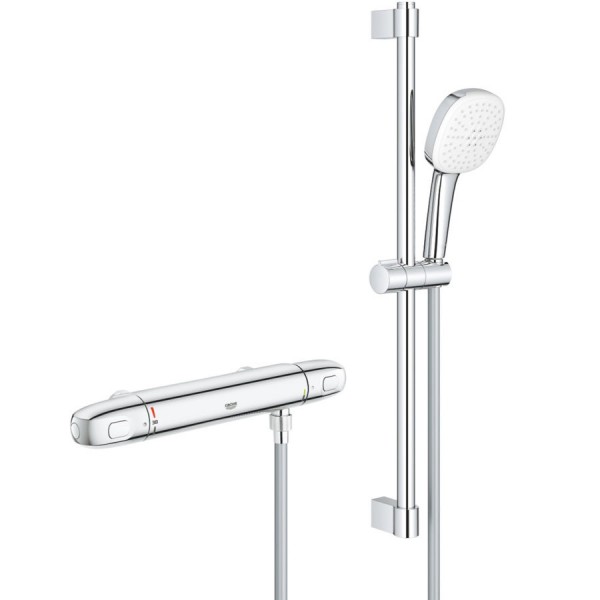 Shower tap Wall-mounted exposed material: Brass thermostatic with hand shower, hose and slider rail, color: Chrome surface: Glossy Wall-mouned exposed Shower tap Wall-mounted exposed material: Brass thermostatic with hand shower, hose and slider rail, color: Chrome surface: Glossy Wall-mouned exposed