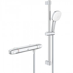 Shower tap Wall-mounted exposed material: Brass thermostatic with hand shower, hose and slider rail, color: Chrome surface: Glossy Wall-mouned exposed
