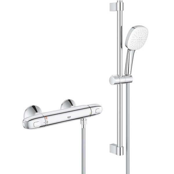 Shower tap Wall-mounted exposed material: Brass thermostatic with hand shower, hose and slider rail, color: Chrome surface: Glossy Wall-mouned exposed