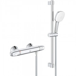Shower tap Wall-mounted exposed material: Brass thermostatic with hand shower, hose and slider rail, color: Chrome surface: Glossy Wall-mouned exposed